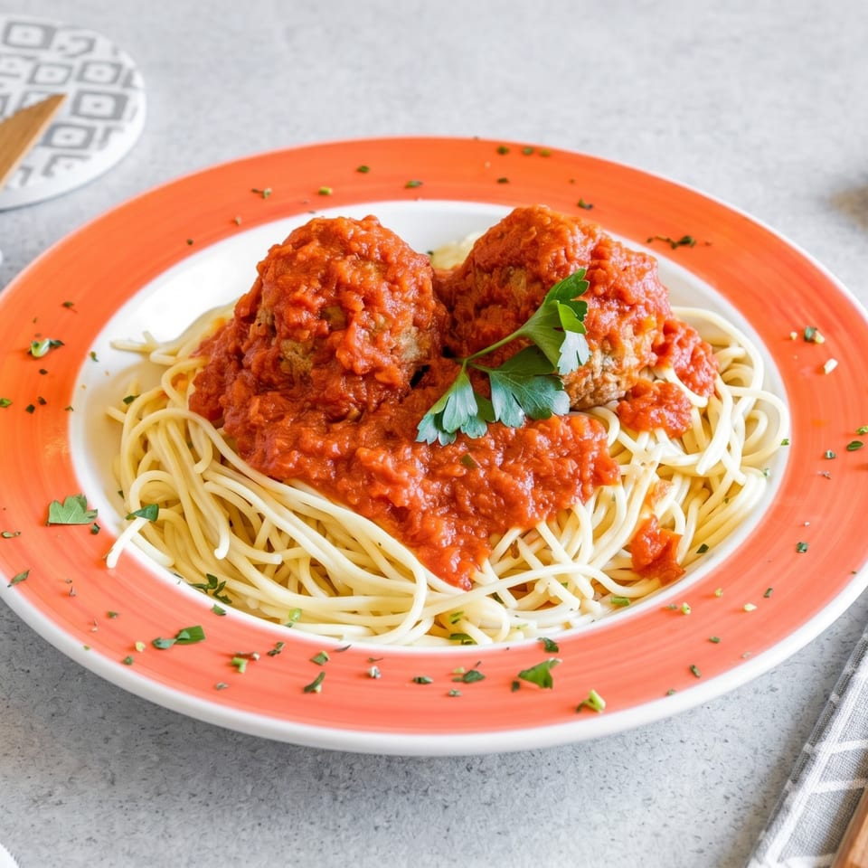 Spaghetti and meatballs with tomato sauce and parsley on an orange-rimmed white plate.