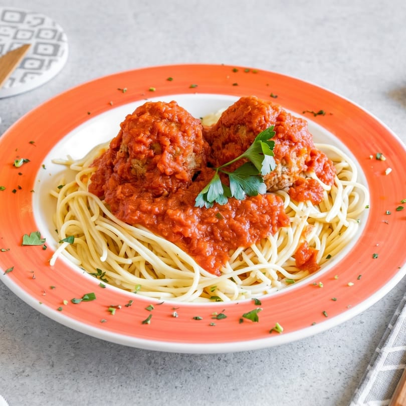 Spaghetti and meatballs with tomato sauce and parsley on an orange-rimmed white plate.