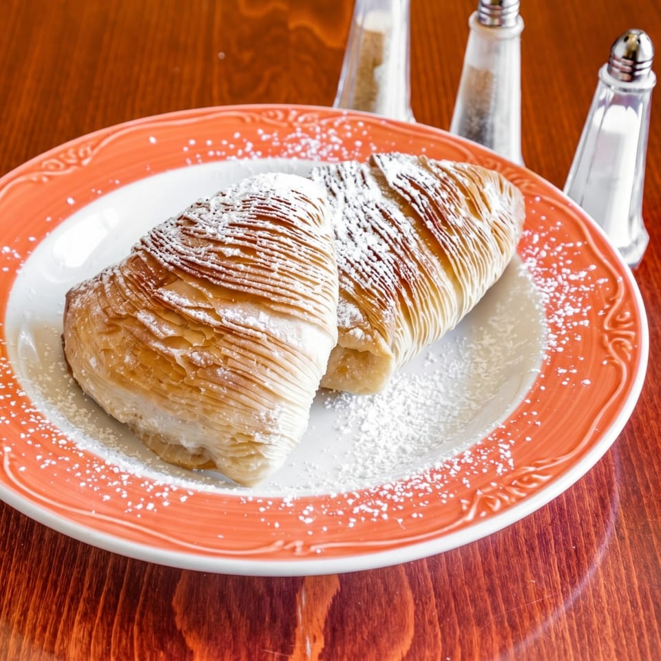 Two sfogliatelle pastries, dusted with powdered sugar, on an orange and white plate.