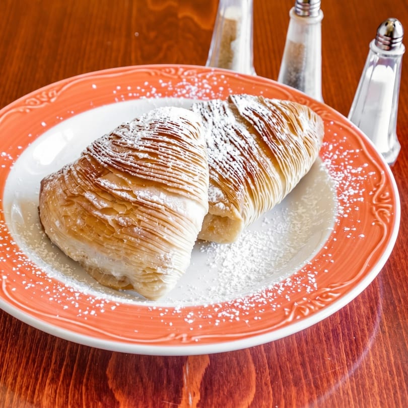 Two sfogliatelle pastries, dusted with powdered sugar, on an orange and white plate.