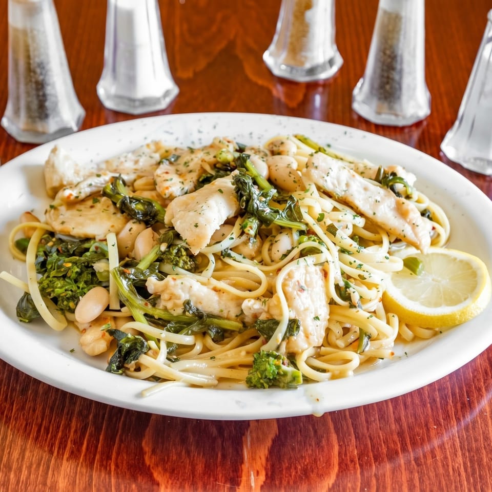 Chicken and broccoli rabe pasta with white beans and a lemon wedge on a white plate.